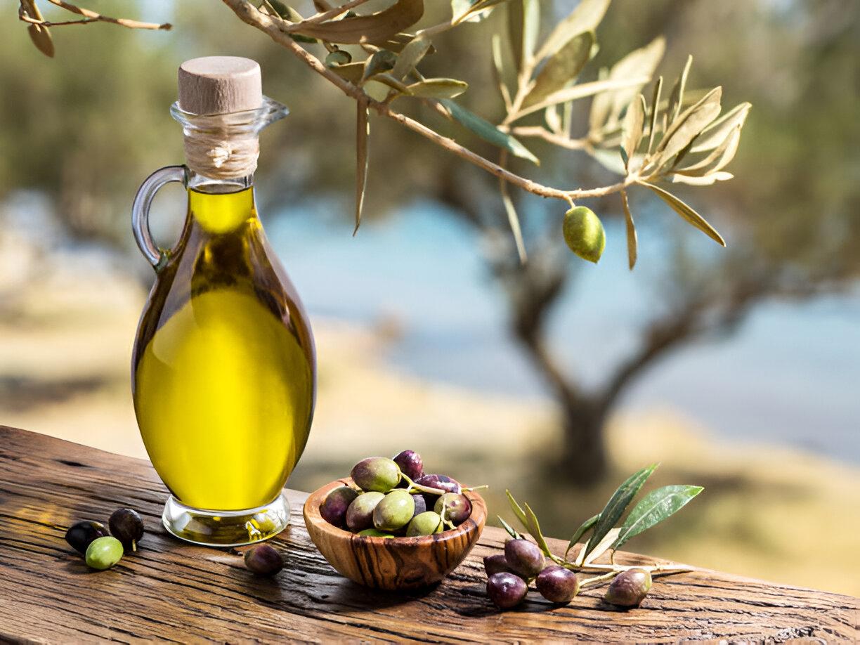 Olive oil pitcher under olive trees in our Australian farm